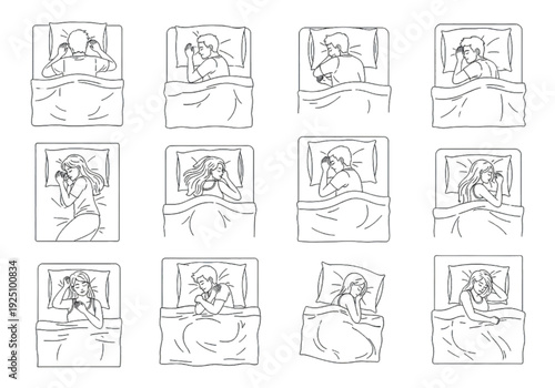 Sleeping Positions Set – Men and Women Lying in Bed Top View Line Art Illustration