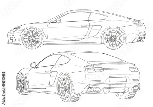 Modern Supercar Technical Blueprint – Sports Car Side and Rear View Illustration