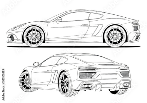 Sports Car Blueprint Illustration – Modern Supercar Side and Rear View Technical Drawing