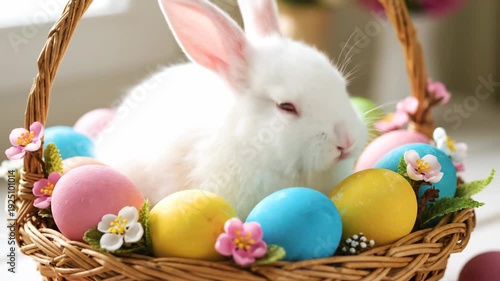 A white rabbit in a basket with colorful eggs and delicate flowers