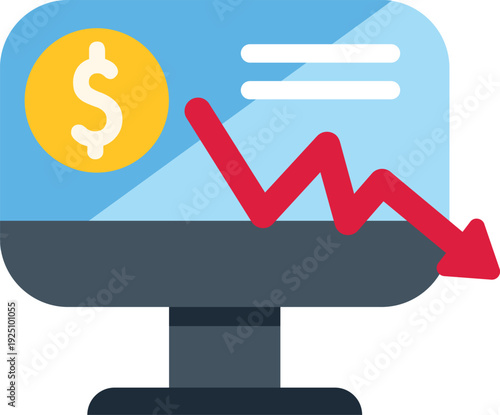 Computer monitor displaying a dollar coin and a red downward trending arrow