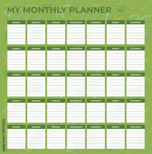 Planificateur Mensuel Modèle Coloré – Organiseur et Calendrier imprimable modifiable - Vert - Vecteur