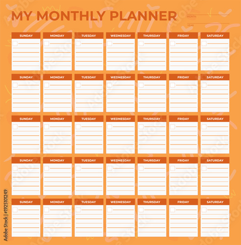 Planificateur Mensuel Modèle Coloré – Organiseur et Calendrier imprimable modifiable - Orange - Vecteur