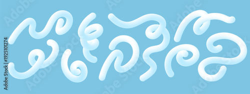 Soft abstract lines wave gradient blue color shape in 3d style set on blue background. Modern fluid ribbons with spiral loops, geometric liquid curves