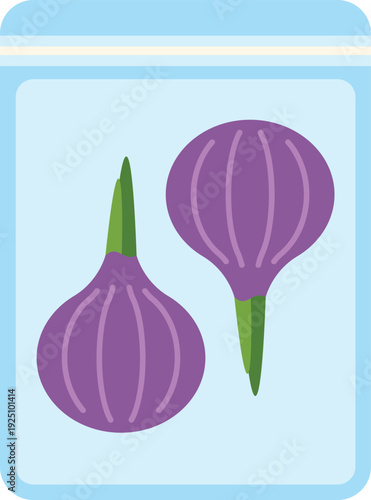 Two raw purple onion bulbs with green sprouts stored in a transparent plastic bag