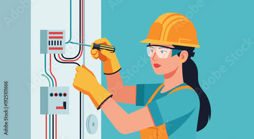 Female electrician working on electrical panel with safety gear.