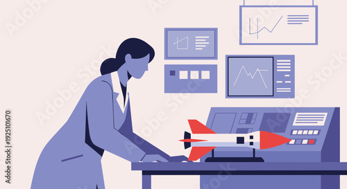 Female scientist working on a rocket project with various graphs and charts.