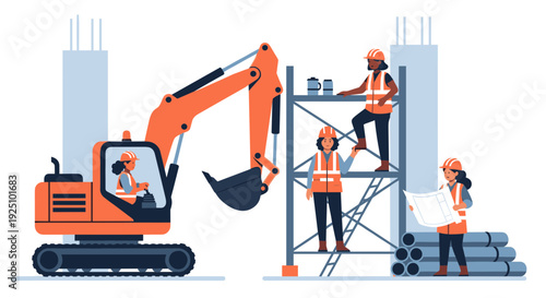 Construction site with workers and heavy machinery operating.