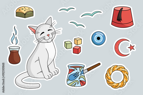 Turkish culture stickers set - Cezve, tea cup, baklava, bagel, star and crescent, angora cat, delight, amulet, seagull, fez. Vector collection. Turkish angora cat character with Turkish cup of tea.