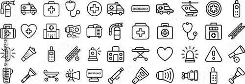 Collection of emergency icons representing medical assistance and safety services like ambulances first aid kits fire extinguishers 