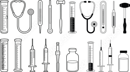 Comprehensive medical instrument set featuring line art style syringes stethoscopes thermometers and graduated cylinders for professional healthcare services and clinical laboratory environments