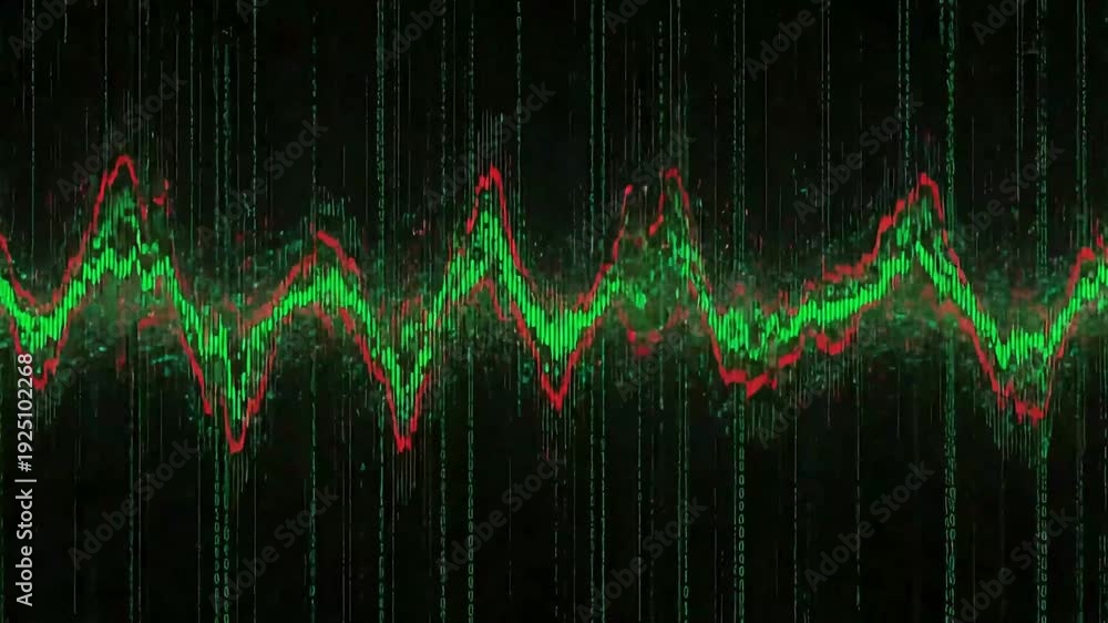 Abstract digital waveform visualization with jagged green and red lines ...
