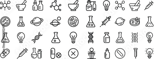 Science and chemistry outline icon set with lightbulb dna flask planet syringe and medicine symbols on white background