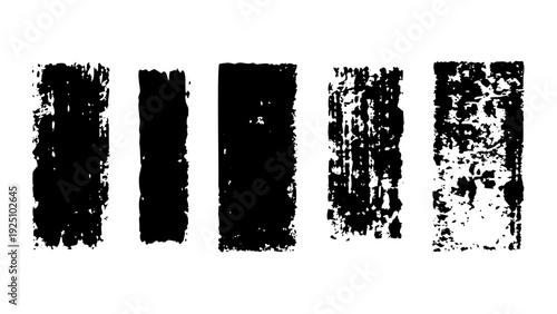 Set of grunge rolled ink stamp textures handmade with brayer. Letterpress vintage rough irregular rectangle vertical backgrounds Linocut relief printing shapes vector illustration transparent backdrop