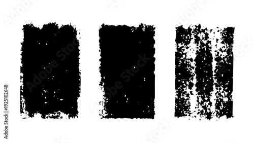 Set of grunge rolled ink stamp textures handmade with brayer. Letterpress vintage rough irregular rectangle vertical backgrounds Linocut relief printing shapes vector illustration transparent backdrop