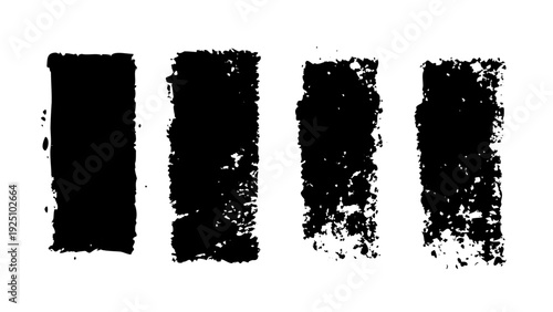 Set of grunge rolled ink stamp textures handmade with brayer. Letterpress vintage rough irregular rectangle vertical backgrounds Linocut relief printing shapes vector illustration transparent backdrop