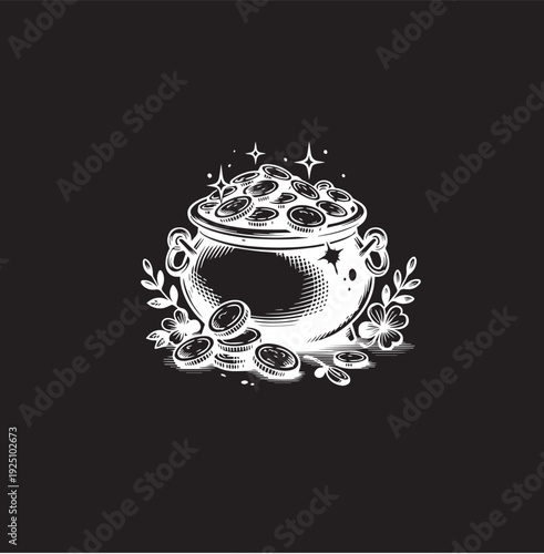 Pot of gold vector drawing on a black background with chalk