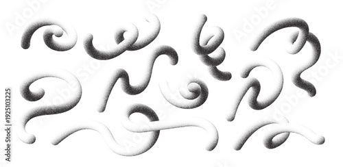 Set abstract lines wave noise with 3d stipple shape. Grainy dot ribbon elements with rough spray, pointillism texture and smooth curves for modern poster, sound visual, dynamic graphic design.