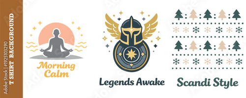 Creative minimalist tshirt design collection featuring meditation yoga theme morning calm and viking warrior legends awake with scandinavian winter patterns