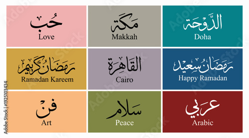 Arabic-English Vector Calligraphy Grid Featuring Nine Panels with Words and Phrases (Love, Makkah, Doha, Ramadan Kareem, Cairo, Happy Ramadan, Art, Peace, Arabic)