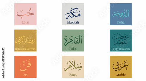 Arabic-English Vector Calligraphy Grid Featuring Nine Panels with Words and Phrases (Love, Makkah, Doha, Ramadan Kareem, Cairo, Happy Ramadan, Art, Peace, Arabic)
