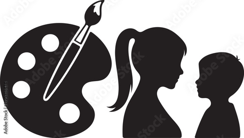 Silhouette of a girl painting with a brush and palette accompanied by a smaller child s silhouette