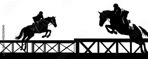 Elegant Silhouette of a Jockey on Horseback Leaping Over an Obstacle