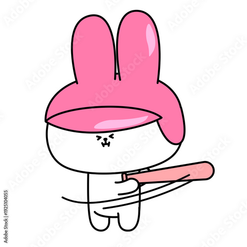 フルスイングでバットを振るウサギの野球キャラクターイラスト