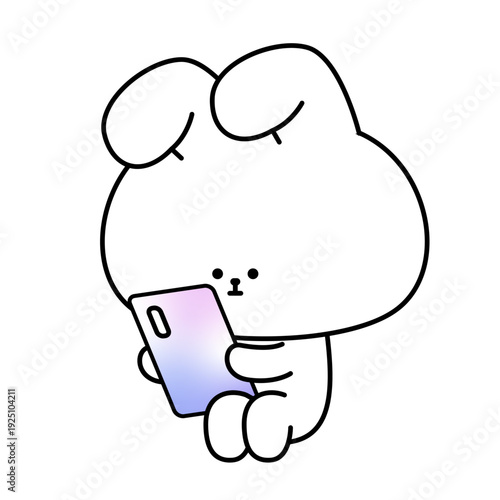 スマートフォンを操作する可愛い白ウサギのキャラクターイラスト