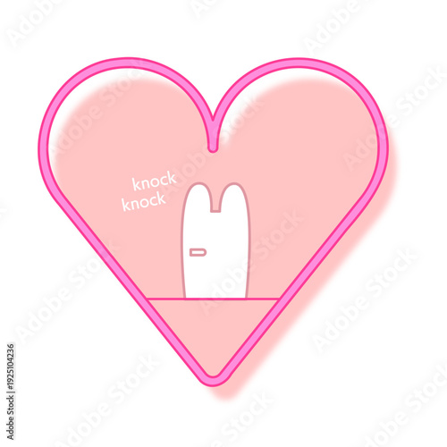 ハートの中にあるウサギ型のドアとノックの音のイラスト