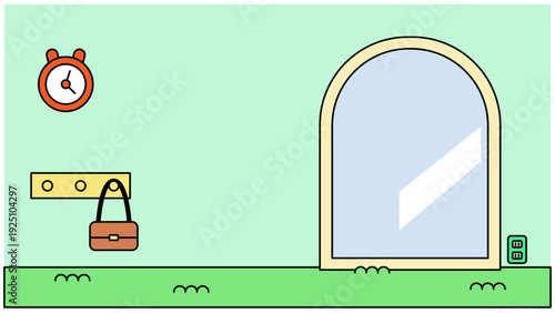 アーチ型の大きな鏡と壁掛け時計があるシンプルな部屋のインテリアイラスト