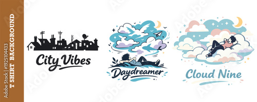Creative tshirt design collection featuring urban city vibes daydreamer and cloud nine themes with whimsical illustrations and typography
