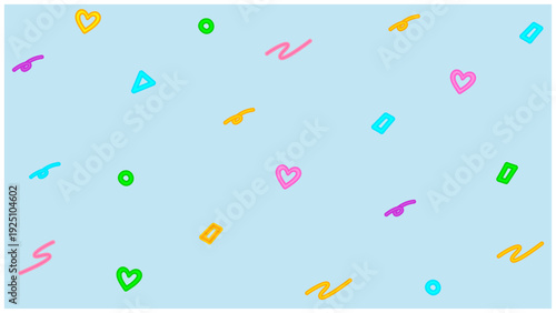 ハートや幾何学模様が散りばめられたパステルブルーのレトロポップ背景素材