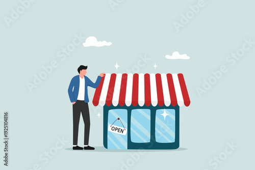 Business owner and entrepreneur start small business or retail shop, open store front or online shop concept, confidence businessman entrepreneur standing with his new opening company or store front.