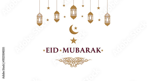 Eid mubarak greeting card with hanging lanterns and crescent moon on white background