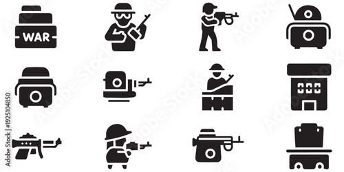Military soldier and war equipment and weapons solid icons for combat