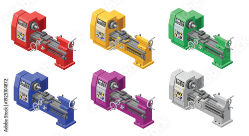 Colorful illustration of six modern computer workstations with various setups