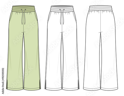 Light Sage Green Wide-Leg Lounge Pants Technical Fashion Illustration with Ribbed Elastic Drawstring Waist and Front Slit. Athleisure Trousers CAD Vector Template Front and Back View.