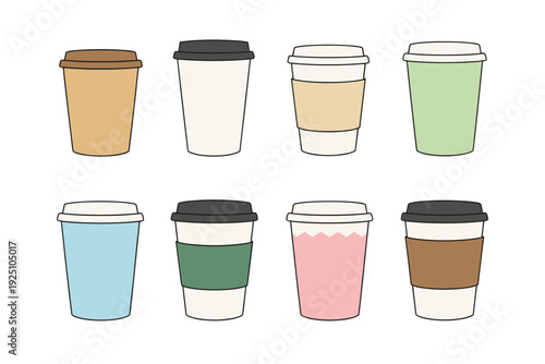 Set of eight pastel takeaway coffee cups with lids, arranged in two rows. Modern to-go beverage packaging for cafe branding, office break, and delivery drink icons.