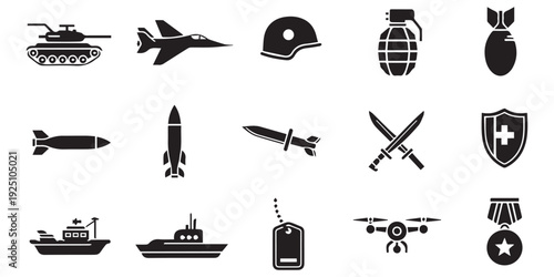 Military soldier and war equipment and weapons solid icons for combat