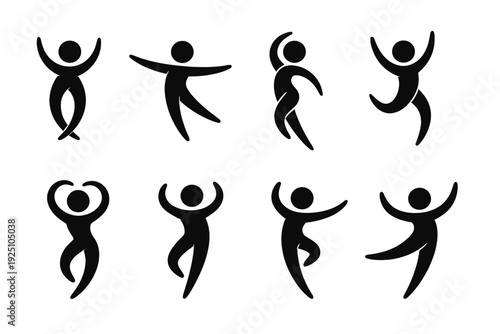 Minimal black vector silhouettes of eight people in joyful dance and yoga poses, arranged as an icon set. Concept of energy, wellness, freedom and movement.