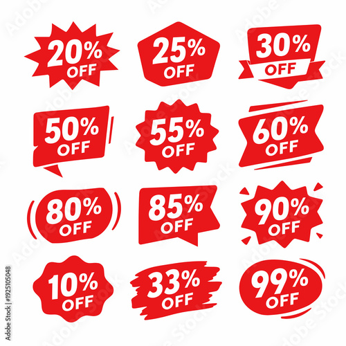 Collection of red percent-off discount stickers in mixed shapes on white background. Bold typography badges for online store, flash sale, coupons, and UI.