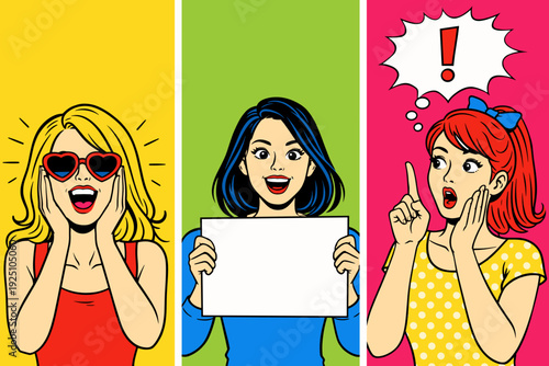 Pop art triptych: excited blonde in heart sunglasses, brunette holding blank sign for copy space, and redhead pointing with exclamation bubble. Bold retro layout for banners and headlines.
