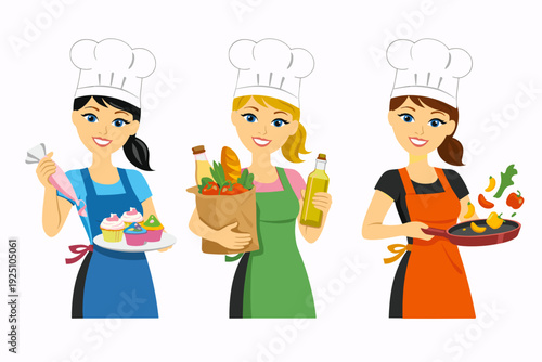 Set of three smiling female chefs in flat vector style: baker with cupcakes and piping bag, cook tossing vegetables in a pan, and foodie holding groceries and olive oil.