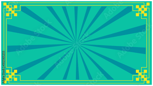 中華風の装飾フレームをあしらったエメラルドグリーンの集中線（サンバースト）背景イラスト