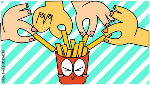 ポテトの取り合いをする手のイラスト｜奪い合い・競争・トラブルのイメージ