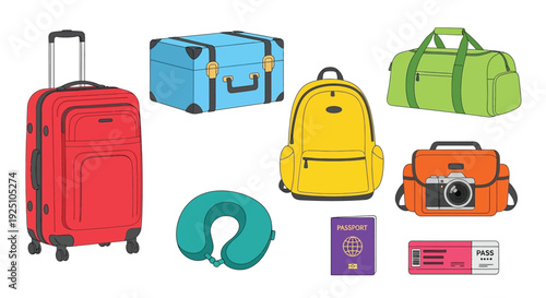 Colorful travel accessories including suitcases backpacks and travel documents
