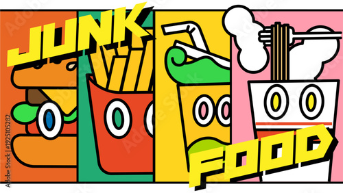 ハンバーガー、ポテト、ドリンク、カップ麺をアメコミ風のコマ割りで描いたジャンクフードのキャラクターイラスト