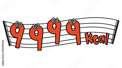 五線譜の上で踊る「9999kcal」の文字を擬人化したポップでコミカルなイラスト