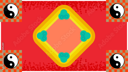 四隅に太極図（陰陽）と中央に雲文様を配した赤ベースの中華風装飾背景イラスト